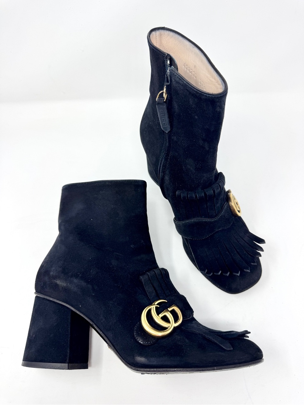 Gucci Black Suede Fringe GG Gold Logo Mid-Heel Ankle Boots size 37.5